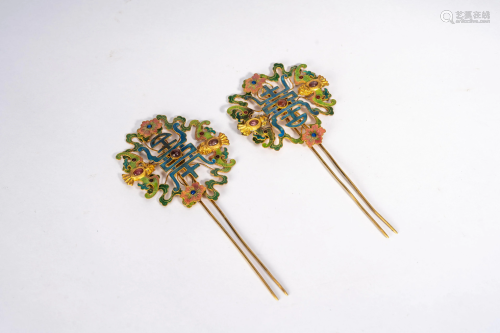 Chinese Gilded Silver Enamelled Hair Pins Pair