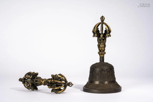Tibetan Bronze and Copper Alloy Vajra and Bell