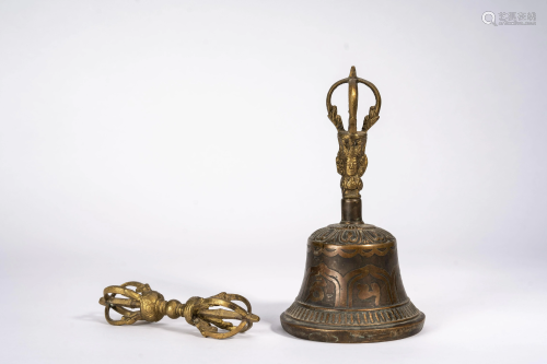 Tibetan Gilt Copper Vajra and Bell