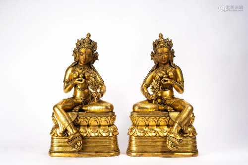 Pair of Rare Mongolian Gilt Copper Figures of Tara