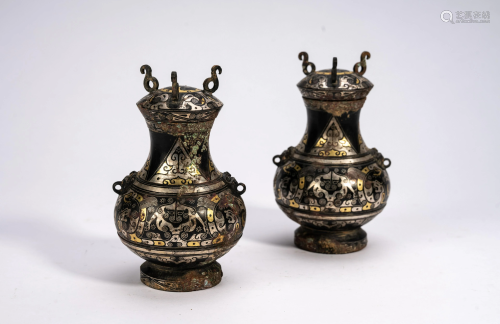 Chinese Gold and Silver Inlaid Vase Pair
