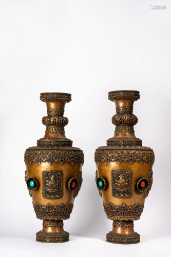 Pair of Large Tibetan Copper Inlaid Repousse Vases