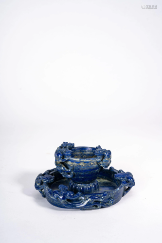 Chinese Lapis Lazuli Dragon Cup and Holder
