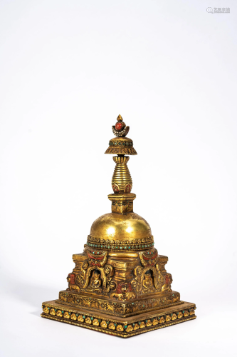 Tibetan Gilt Copper Buddhist Stupa