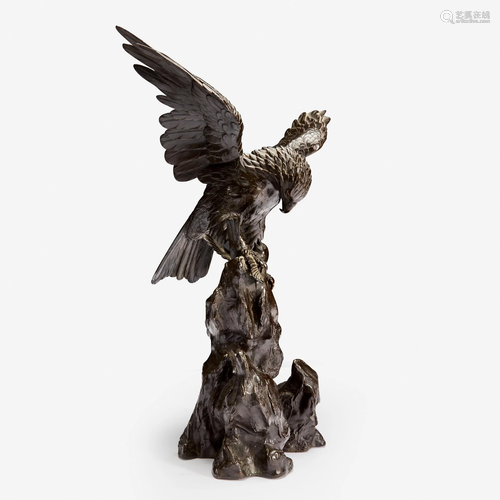 A Japanese patinated bronze eagle and sparrow group,