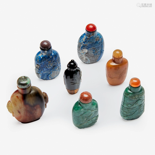 A group of seven assorted Chinese hardstone snuff