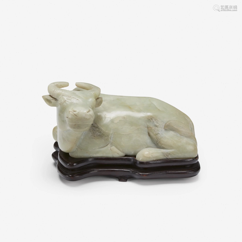 Chinese celadon jade model of a recumbent buffalo,