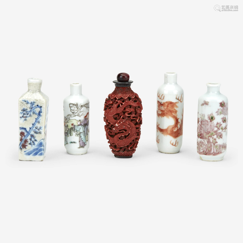 Five Chinese porcelain snuff bottles,