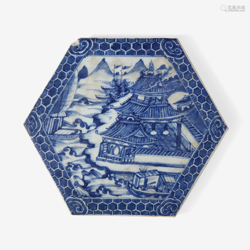 A Chinese blue and white porcelain hexagonal tile, 18th