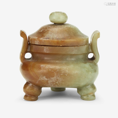 A small Chinese celadon and russet jade globular tripod