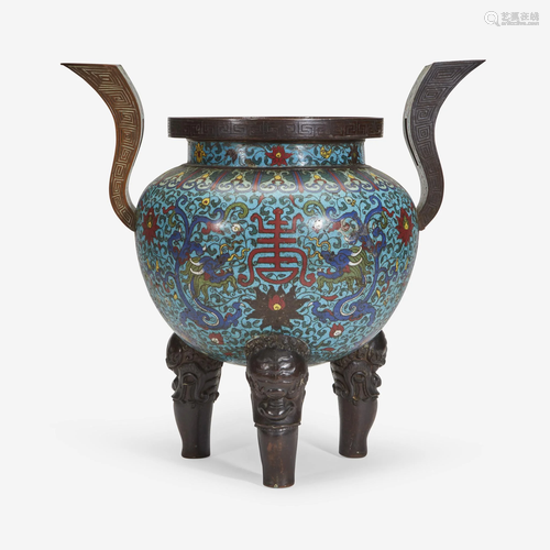 A large Chinese cloisonné globular tripod censer,