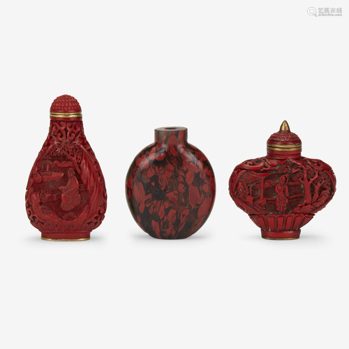 Two Chinese carved cinnabar lacquer snuff bottles and a