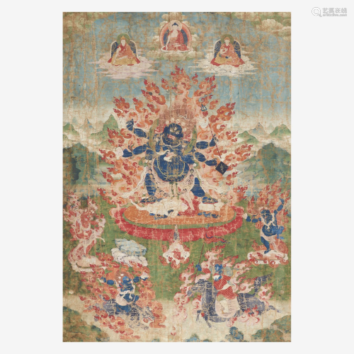 A large Tibetan Thangka depicting six-armed Mahakala,