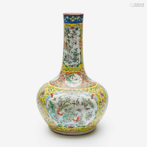 A Chinese enameled porcelain yellow-ground bottle vase,