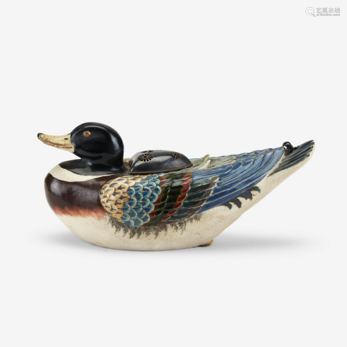 A Japanese enameled pottery duck-form censer,