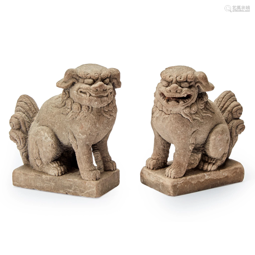 A pair of Chinese carved sandstone Buddhist lions, Qing