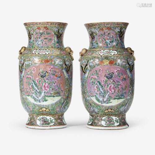 A pair of Chinese famille rose-decorated cylindrical