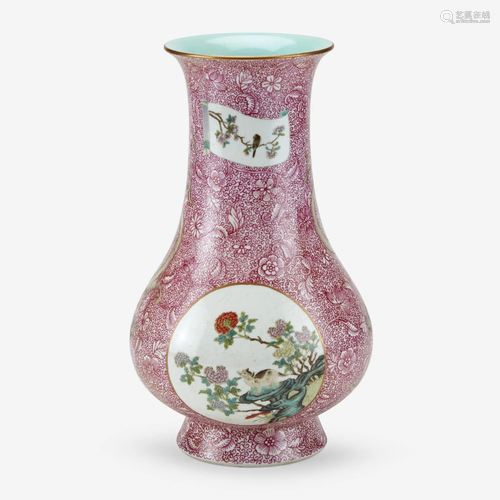 A Chinese porcelain puce scroll-ground baluster vase,