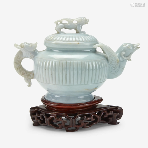 A Chinese pale greenish-white jadeite teapot and cover,