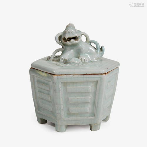 A Chinese Longquan celadon hexagonal censer and cover,