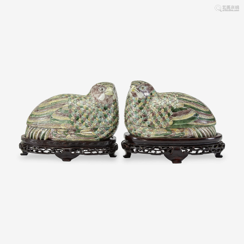 A pair of Chinese famille verte quail boxes and covers,