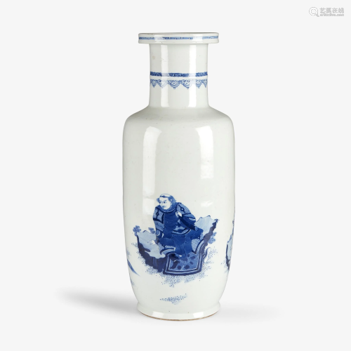 A Chinese blue and white tall porcelain rouleau vase,