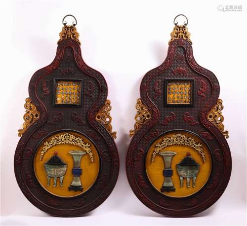 A Pair of Lacquer Hanging Screens with Jade Inlay