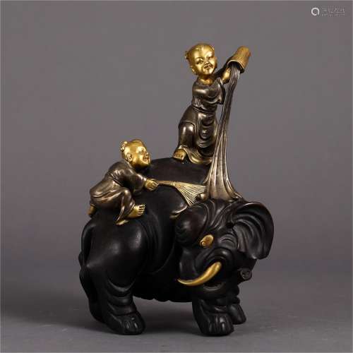 Gilt Copper Ornament of Boys Riding on a Elephant