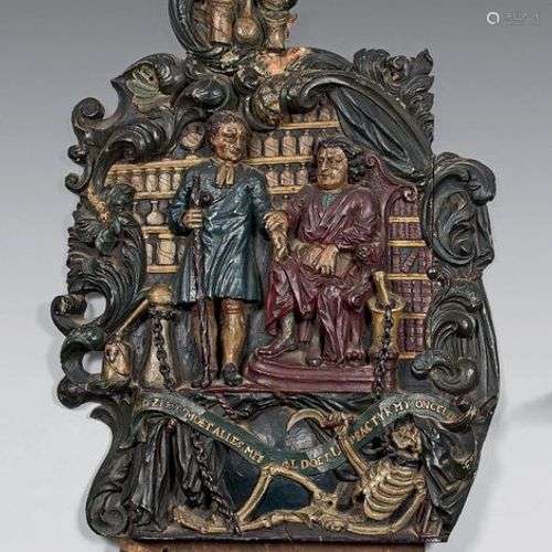 Panneau en noyer polychrome sculpté en haut relief…