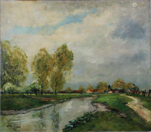 Richard Falkenberg (deutsch, 1875 - 1948), Dorf am Niedderrhein, Öl a. Hartfaserplatte, unt. link