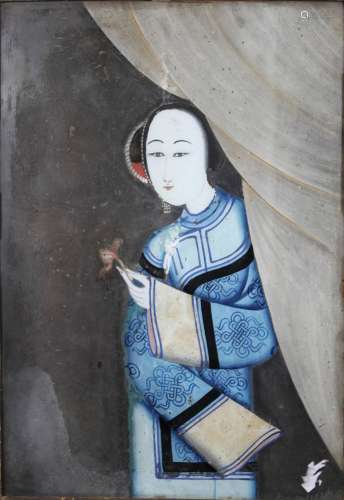 Unbekannter Künstler, Porträt, Grafik a. Papier, Frau mit Blume vor einem Vorhang, hinter Glas. M