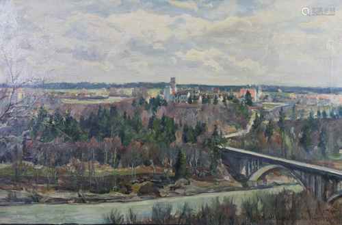 Otto Schulz-Stradtmann (deutsch, 1892 - 1960), Flusslandschaft mit Stadtansicht im Hintergrund, Öl