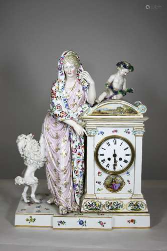 Kaminuhr, Meissen, blaue Marke, 1850-1924, Unterglasur, II. Wahl, Porzellan, farbig und gold staffi