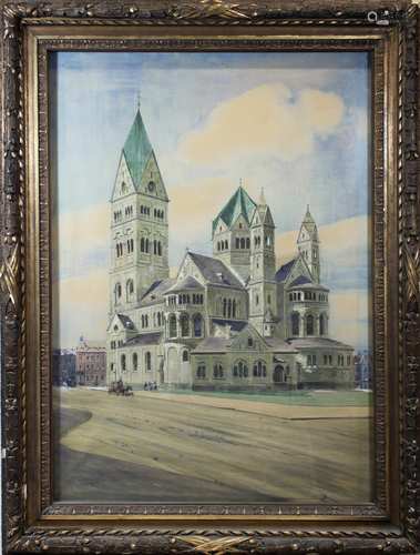 Peter Josef Kleesattel (deutscher Architekt, 1852-1926), Rochuskirche in Düsseldorf, Aquarell a. P