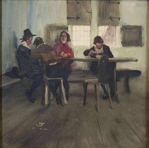 Wilhelm Schreuer (Düsseldorfer Schule, 1866 - 1933), Kartenspiel, 1904, Öl a. Papier, monogr. und