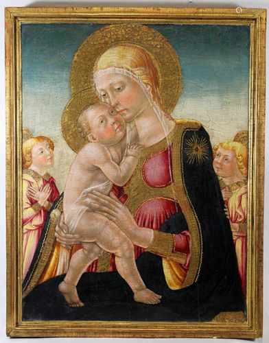 Neri di Bicci (Firenze, ca. 1419 - 1492), Madonna mit Kind und zwei Engeln, Tempera und Öl auf Lei