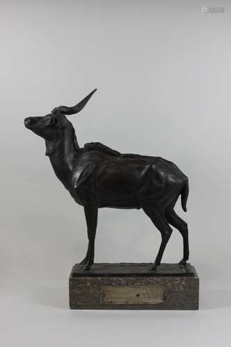 Bronze Antilope, 1935, E. Wagner, auf Marmorplinthe mit Emblem und Gravur: HERRN GEHEIMRAT PROFESSO