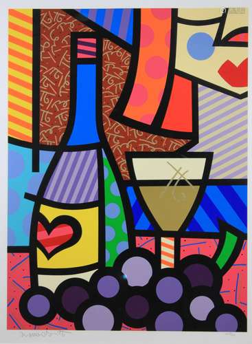 Romero Britto (brasilianisch, 1963), Wein Flasche, Siebdruck, handsigniert und numm., Darstellung: