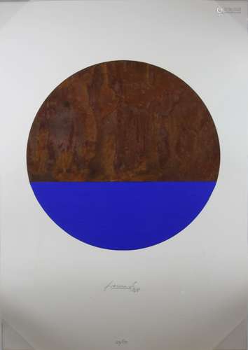 Jürgen Freund (deutsch, 1949-2007), Kreis Blau und Rost, 1996, Siebdruck, Collage, Auflage: 29/50,