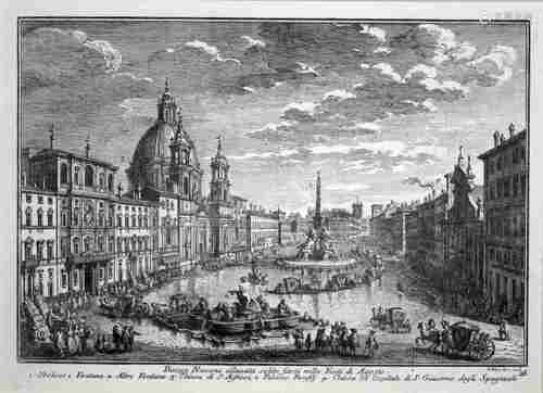 Giuseppe Vasi (1710-1782), Piazza Navona allagata solito farsi nelle Feste di Agosto, Radierung, Da