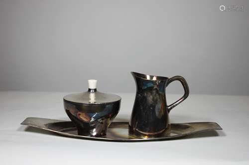 Milch und Zucker Set mit Tablett, 925er Sterling Silber, Halbmond und Krone. Maße: 28,5 x 10 cm, H