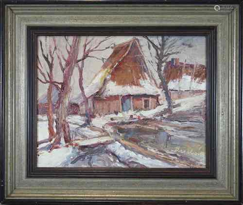 Winterdatcha, 12.1.2000, Öl a. Karton, signiert, verso mit Bl. betit. und dat., Maße: 25 x 28,5 c