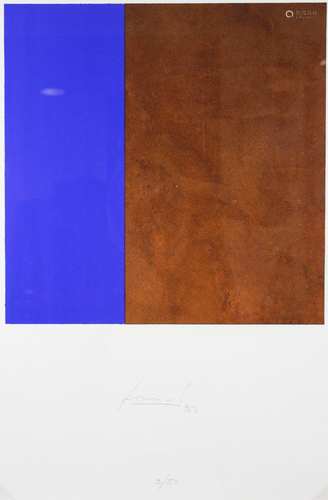 Jürgen Freund (deutsch, 1949-2007), Quadrat Blau und Rost, 1996, Siebdruck, Collage, Auflage: 9/50