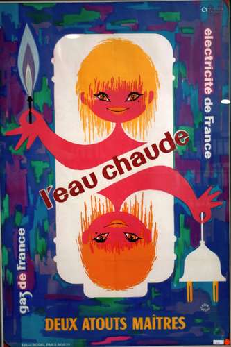 Plakat, Eau Chaude / Electricite France, 50er Jahre, Lefor-Openo, Blatt: 118 x 79 cm, vergl., gera