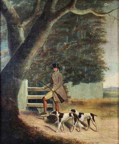 Anonymer Künstler, Jäger mit Hunden, England, 19. Jh., Öl a. Lwd., unsig. Maße : 48 x 61,5 cm,