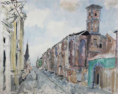 Helmut Weitz (deutsch, 1918-1966), Ratinger Straße mit Kreuzherrenkirche, Aquarelle, Lichtmaße: 5