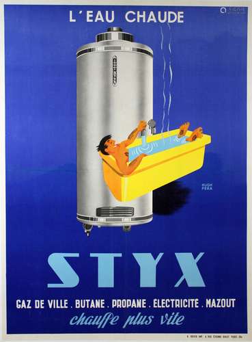 Hugh Pera, Altes Werbeplakat für Warmwasserboiler, L?Eau Chaude Styx, Frankreich, um 1950, Litho.