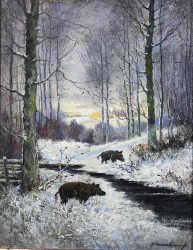 Heinrich Weckauf (deutsch, 1885 - 1963), Winterlandschaft mit zwei Wildschweinen, Öl. a. Karton, u