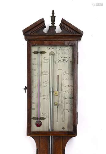 Saltery Vechio & Co stick barometer in walnut case with inlaid decoration, the silvered dial