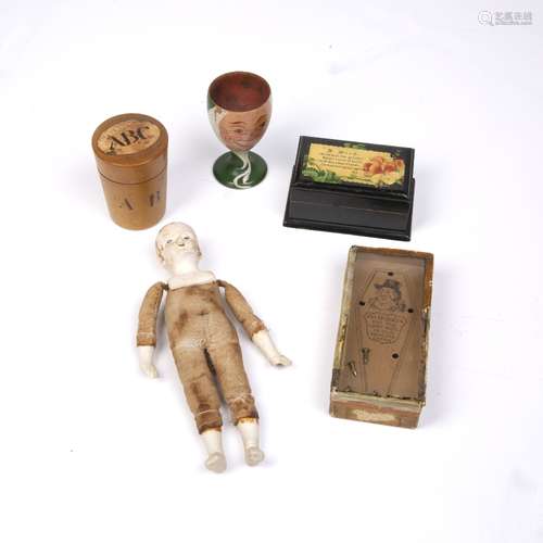 Treen cased set of bone alphabet letters a miniature cloth doll with porcelain head, arms and